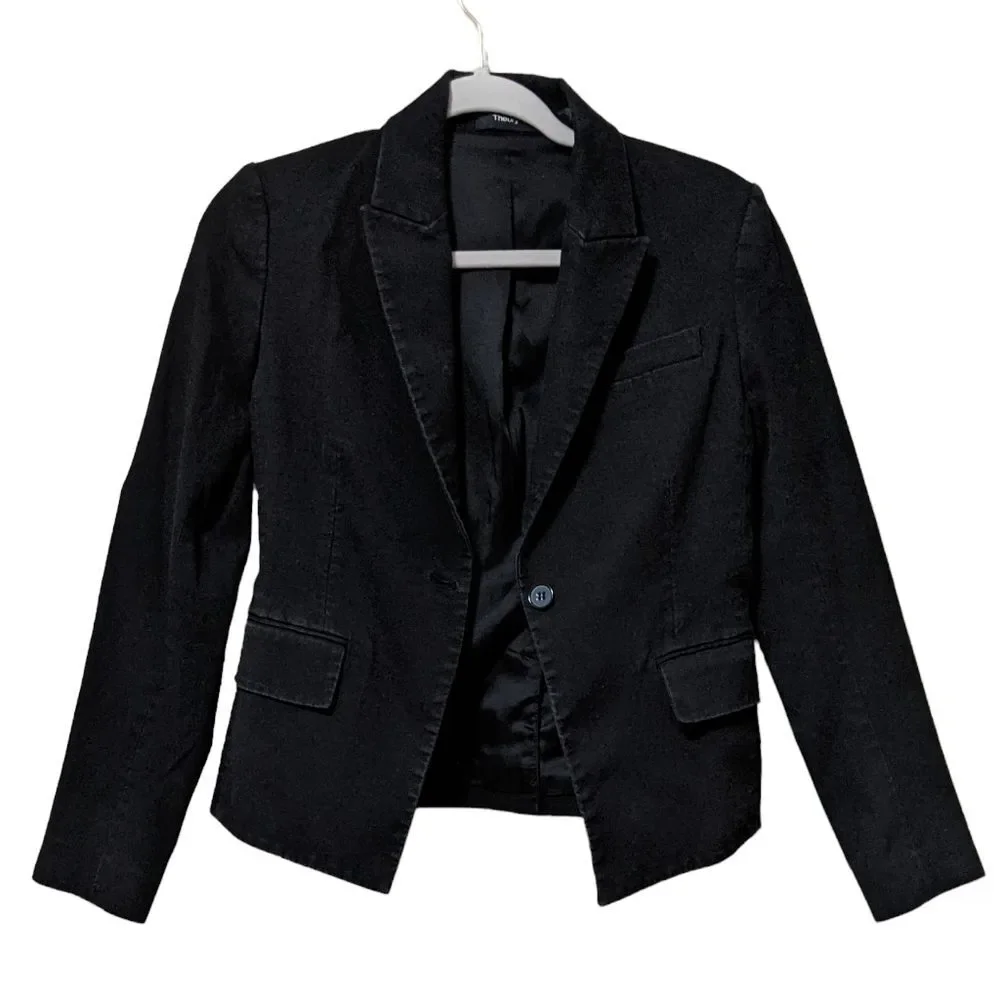 Theory denim like stretch lightly distressed one-button lined blazer size 4